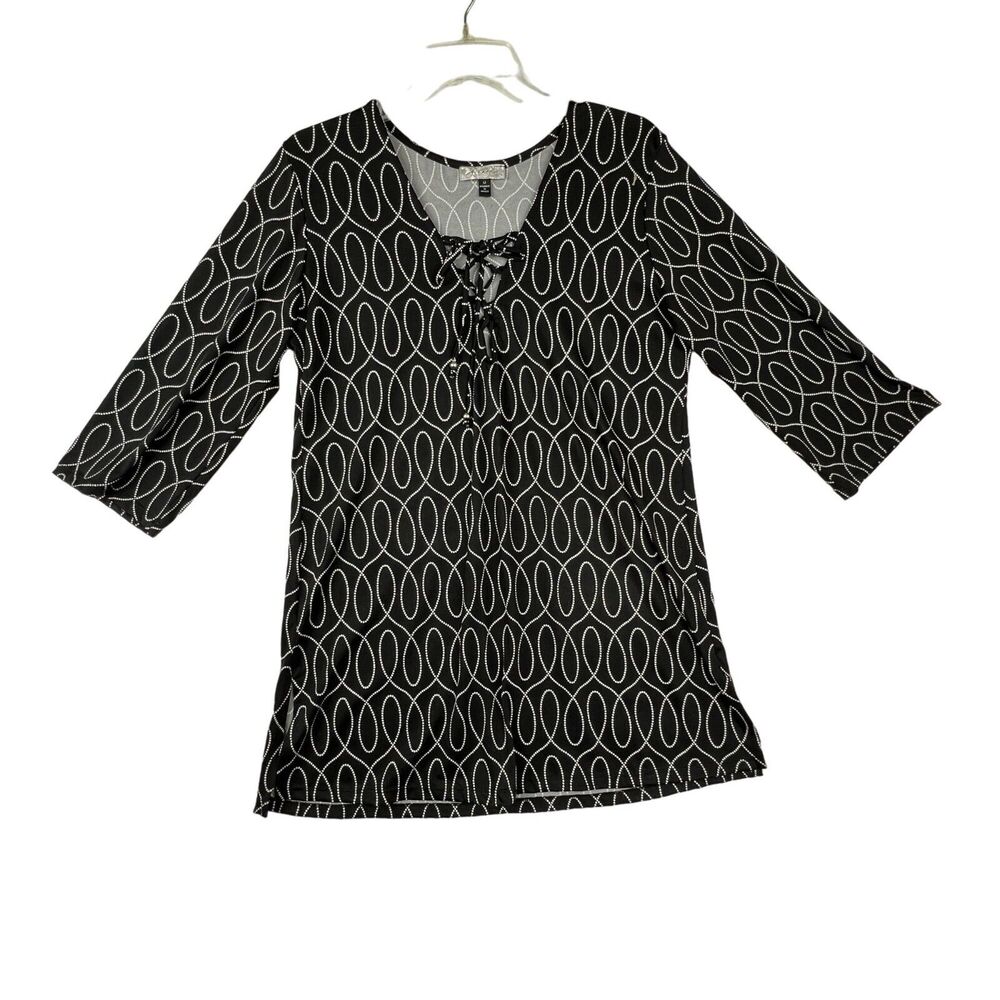 J VALDI Lace Up Blouse Womens Medium Black White Geometric 3/4 Sleeve Stretch